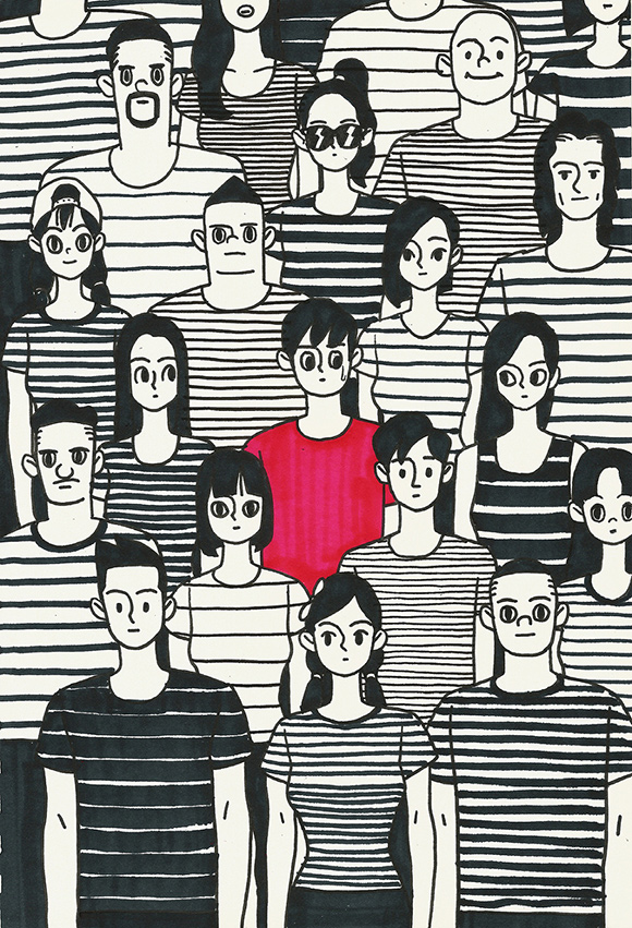 Una multitud de personas, dibujadas en blanco y negro. Al centro, una dibujada a color.