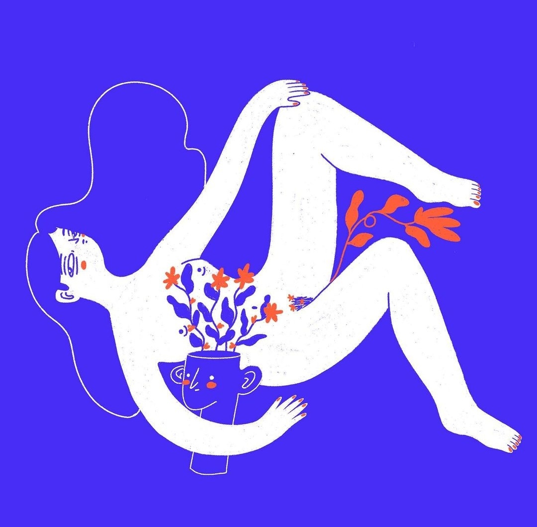 Imagen con un fondo azul, donde una persona de cabello largo con vulva está acostada